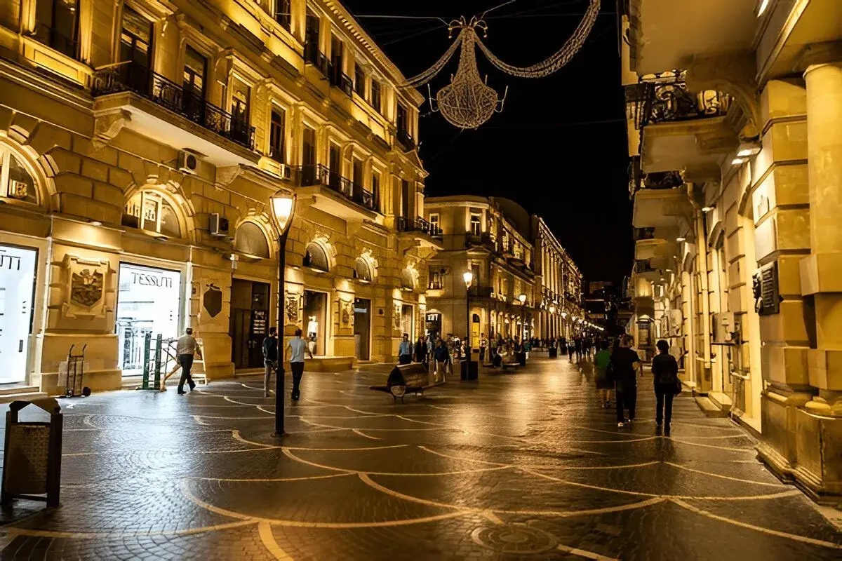 Historic European-style facades along Nizami Street in Baku