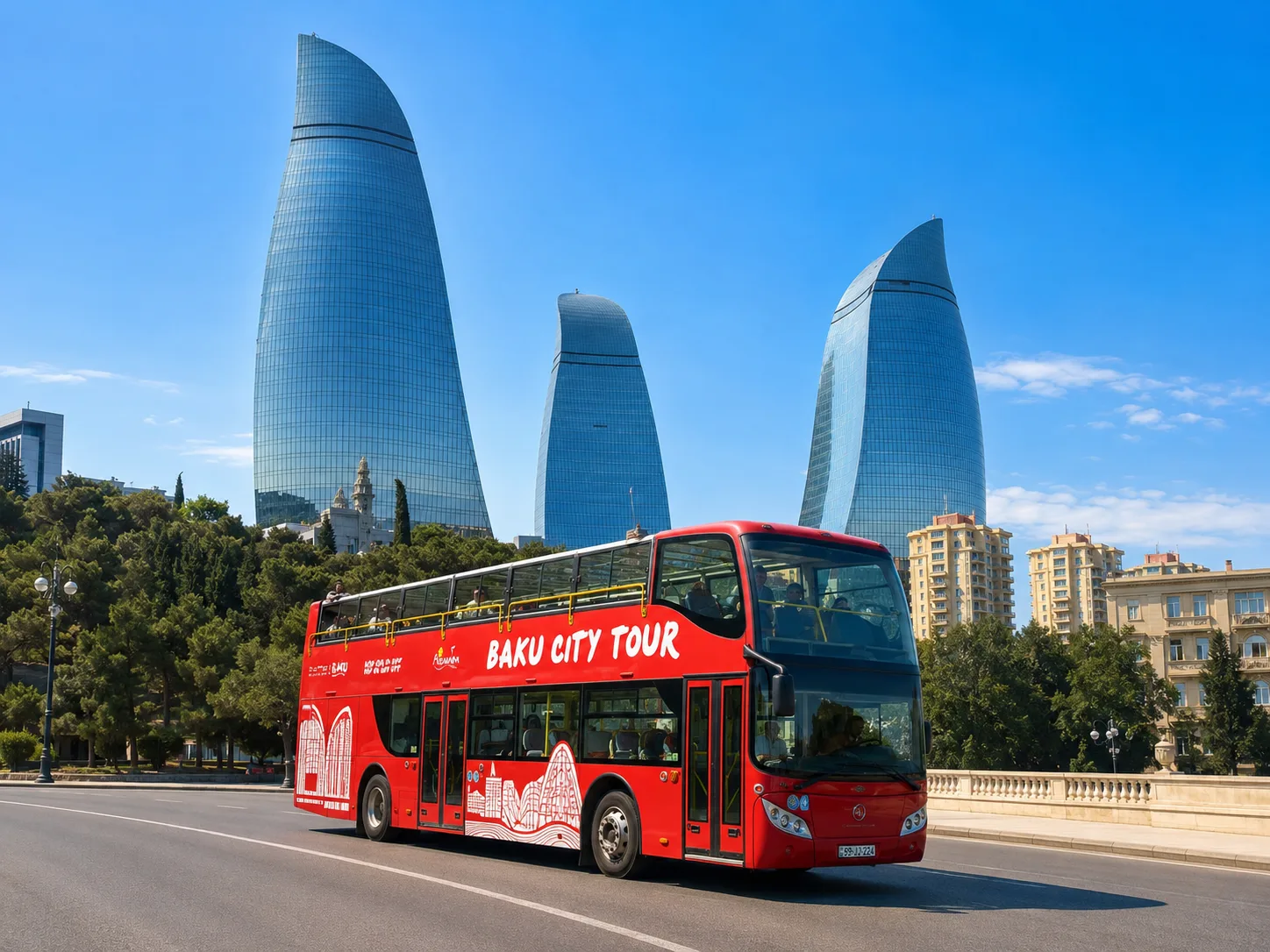 Open-top Baku hop-on hop-off bus on its city sightseeing route