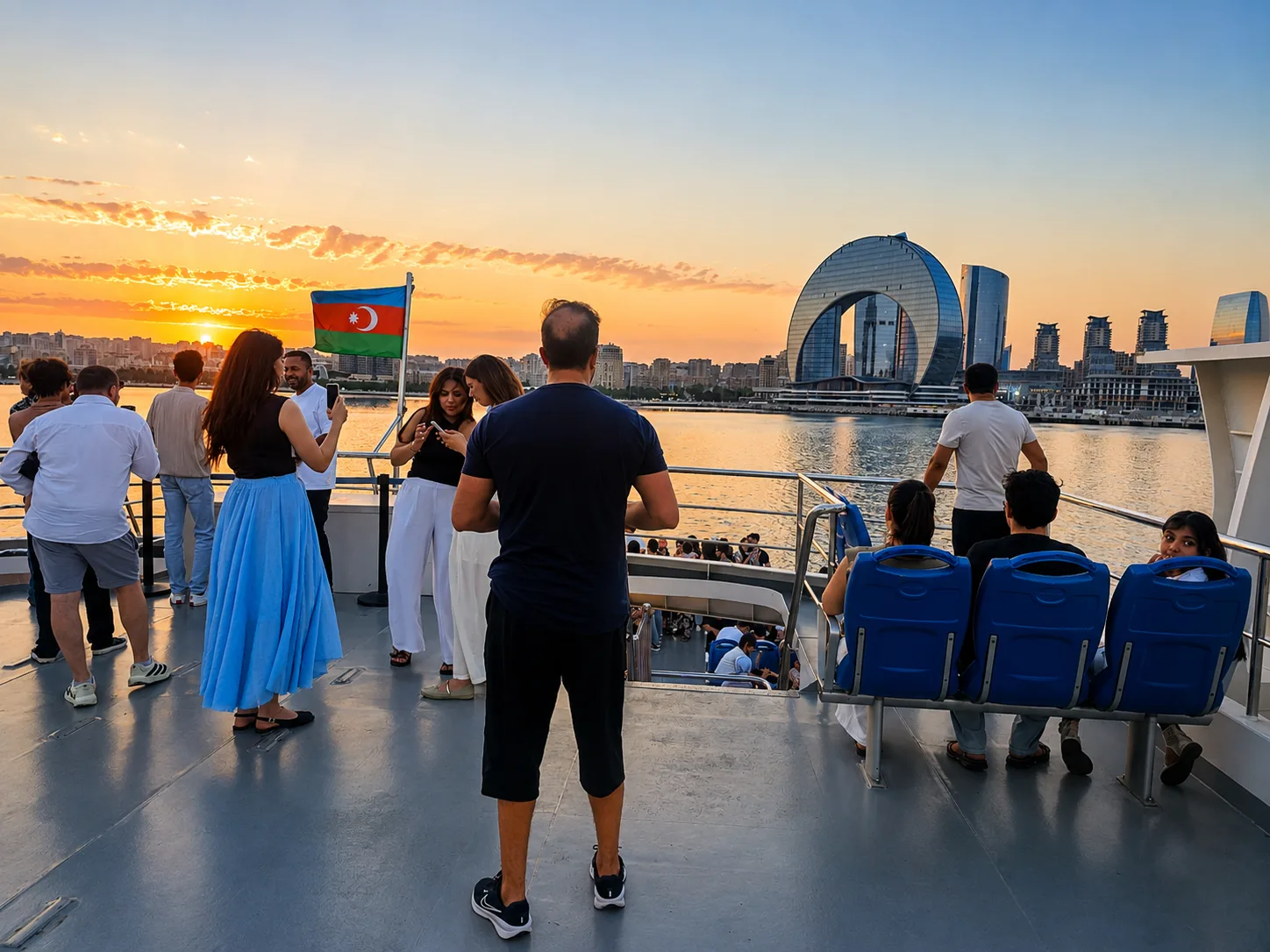 Baku skyline and Crescent Tower seen from a Caspian Sea cruise boat