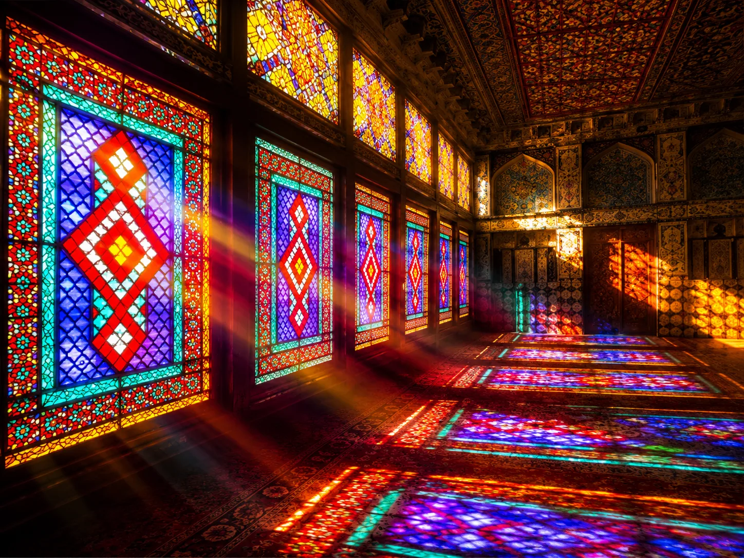 Stained-glass shebeke window inside the Khan's Palace in Sheki