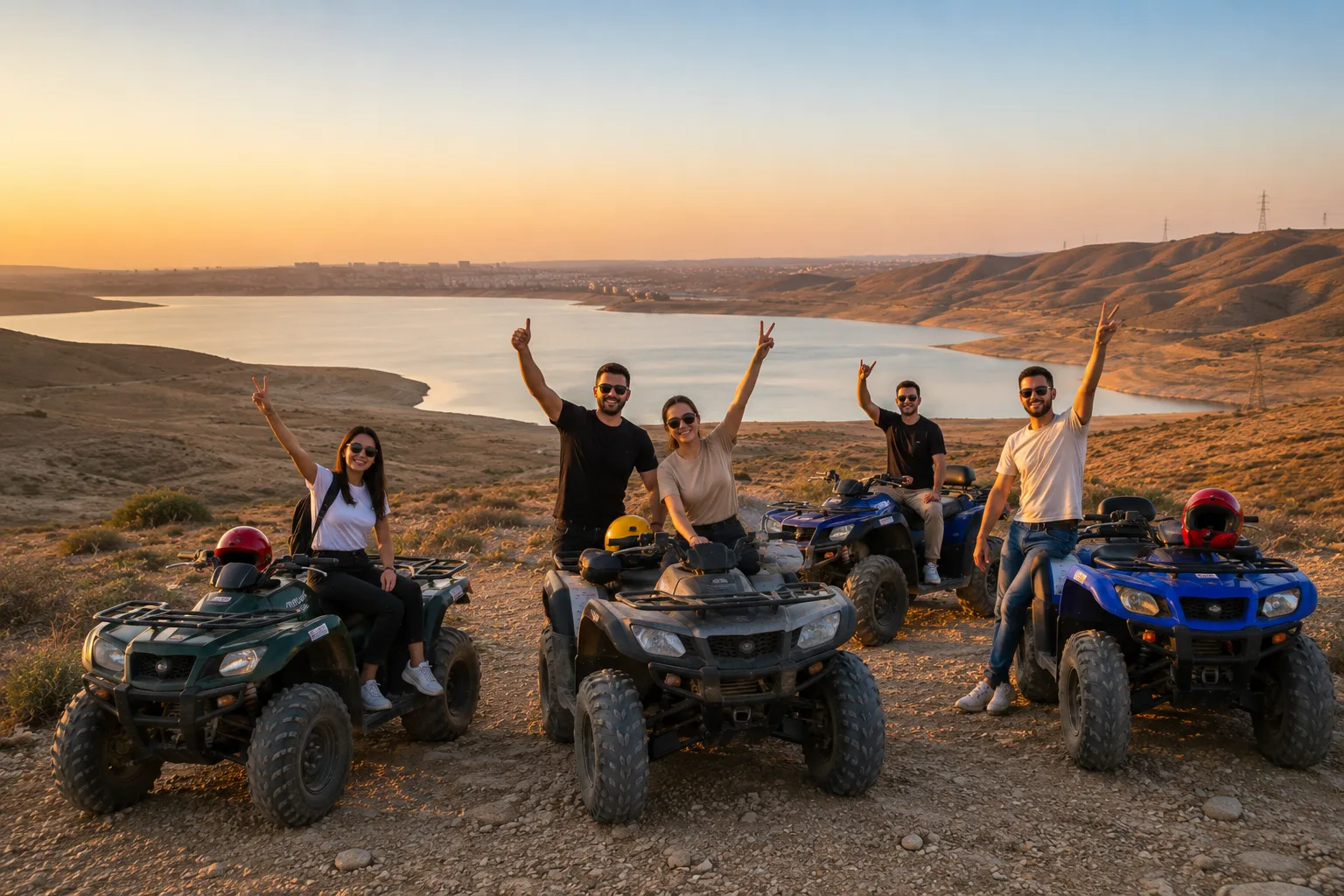 Group of riders with their quad bikes above a Caspian bay at sunset near Baku