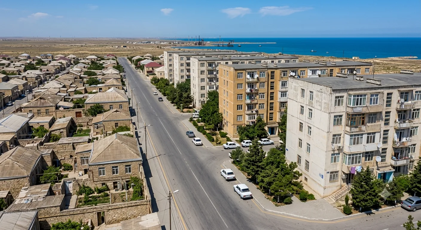 Old oil-era buildings on Artyom (Pirallahi) Island near Baku