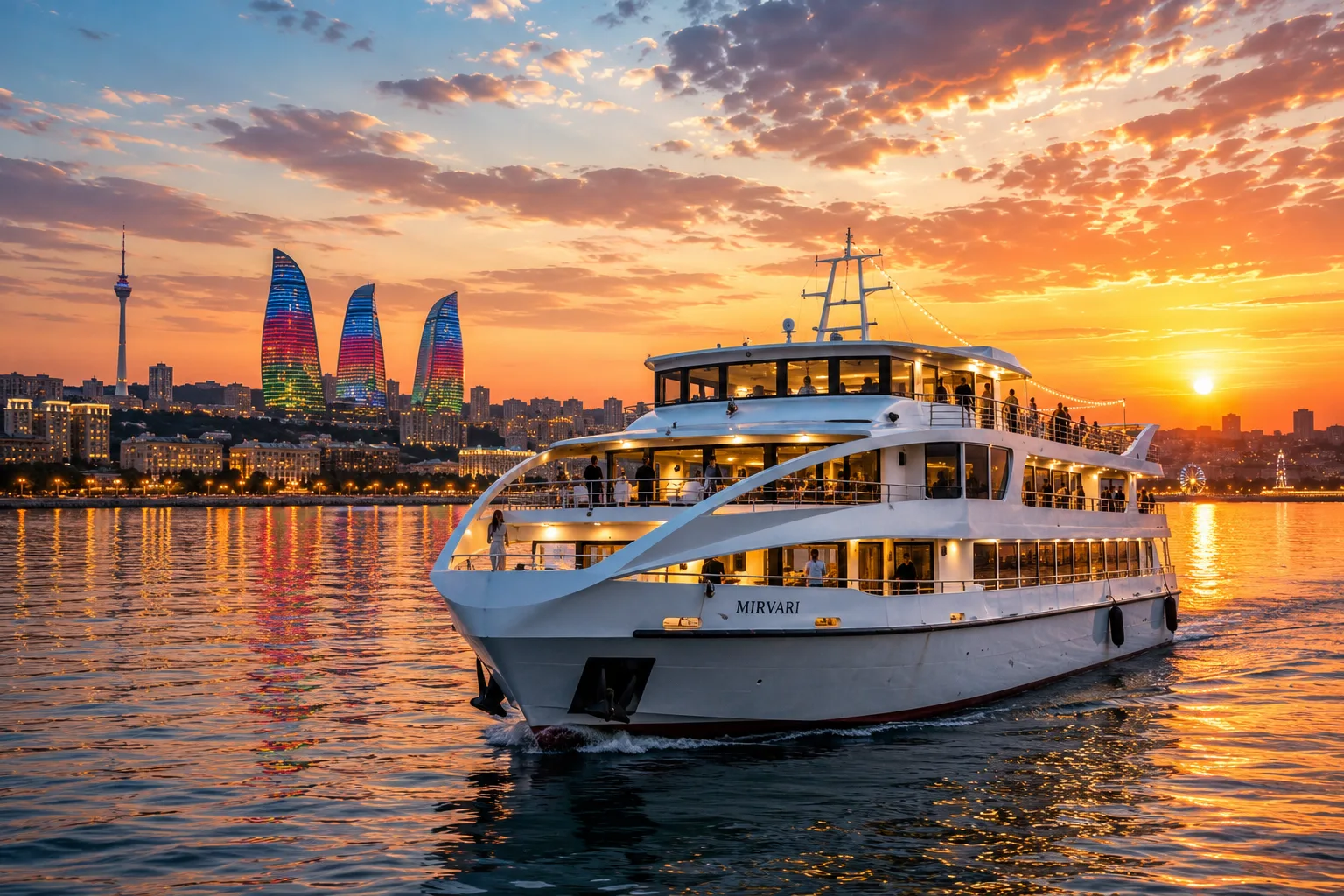 Cruise boat sailing past the illuminated Flame Towers on Baku Bay at sunset